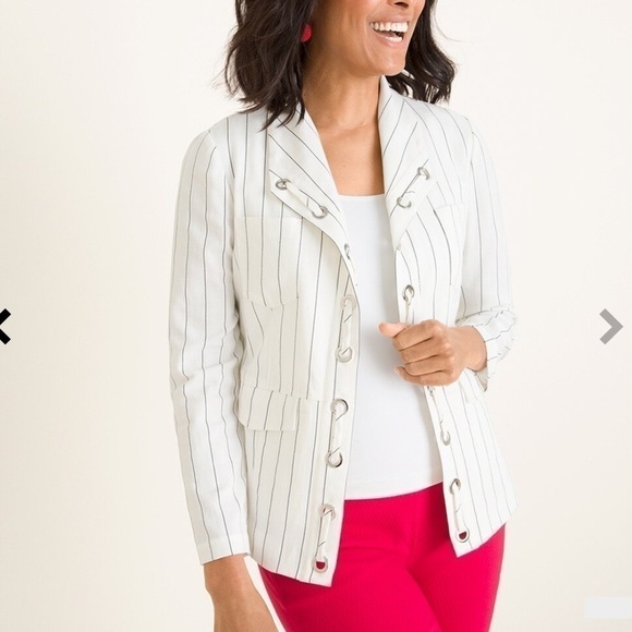 Chico’s Cream with Black Stripes Grommet Blazer Size 0 - Picture 1 of 12